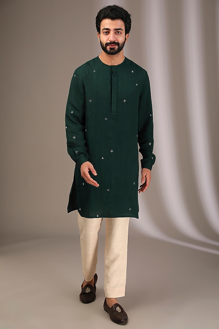 Bottle Green Raw Silk Embroidered Bundi Jacket Set by Divyam Mehta Men at Pernia's Pop Up Shop