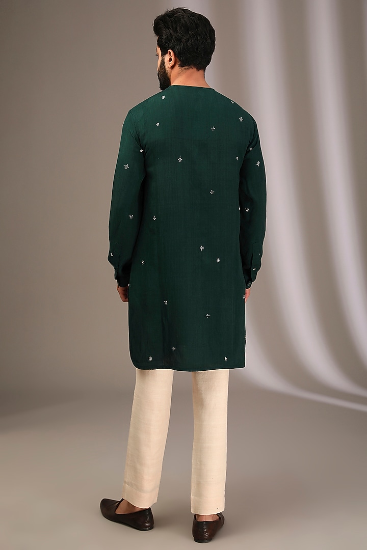 Bottle Green Raw Silk Embroidered Bundi Jacket Set by Divyam Mehta Men at Pernia's Pop Up Shop