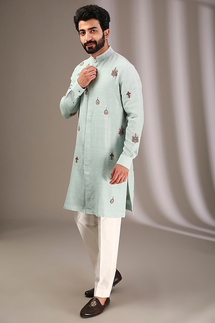 Ice Blue Raw Silk & Katan Silk Embroidered Kurta Set by Divyam Mehta Men