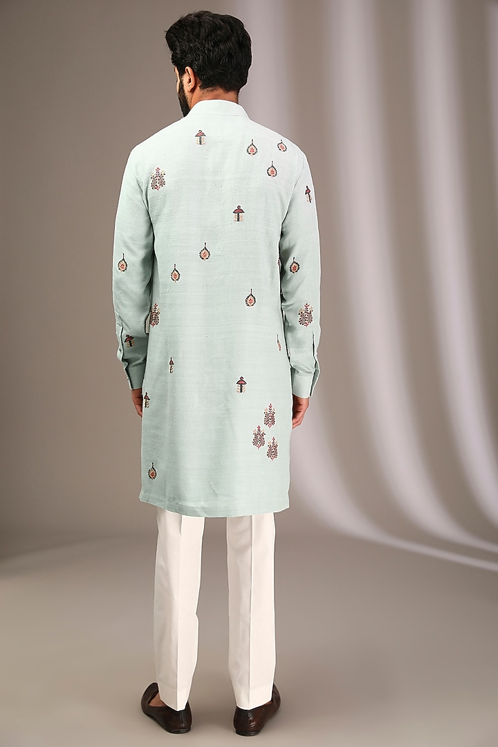 Ice Blue Raw Silk & Katan Silk Embroidered Kurta Set by Divyam Mehta Men at Pernia's Pop Up Shop