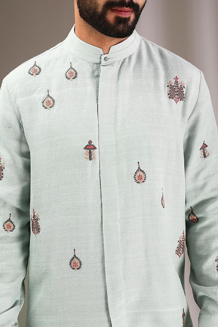 Ice Blue Raw Silk & Katan Silk Embroidered Kurta Set by Divyam Mehta Men at Pernia's Pop Up Shop