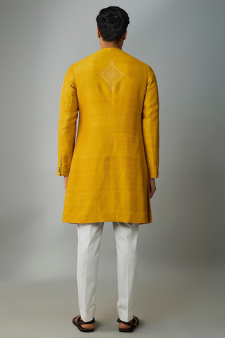 Yellow Raw Silk & Stretch Cotton Embroidered Overlap Kurta Set by Divyam Mehta Men at Pernia's Pop Up Shop