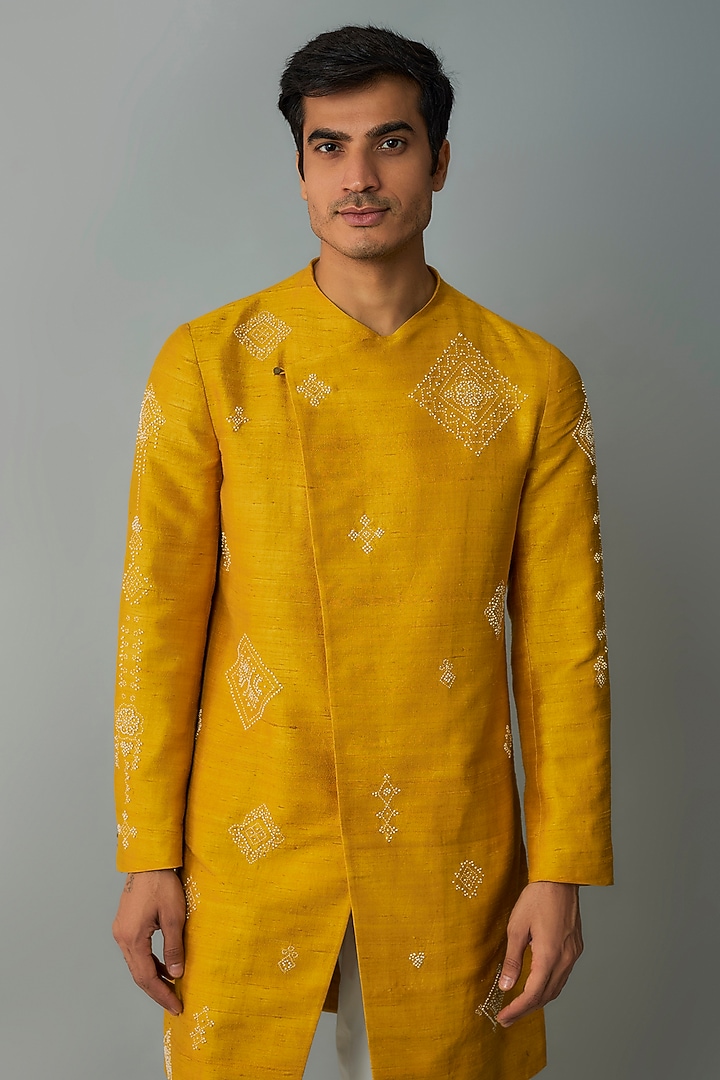 Yellow Raw Silk & Stretch Cotton Embroidered Overlap Kurta Set by Divyam Mehta Men at Pernia's Pop Up Shop