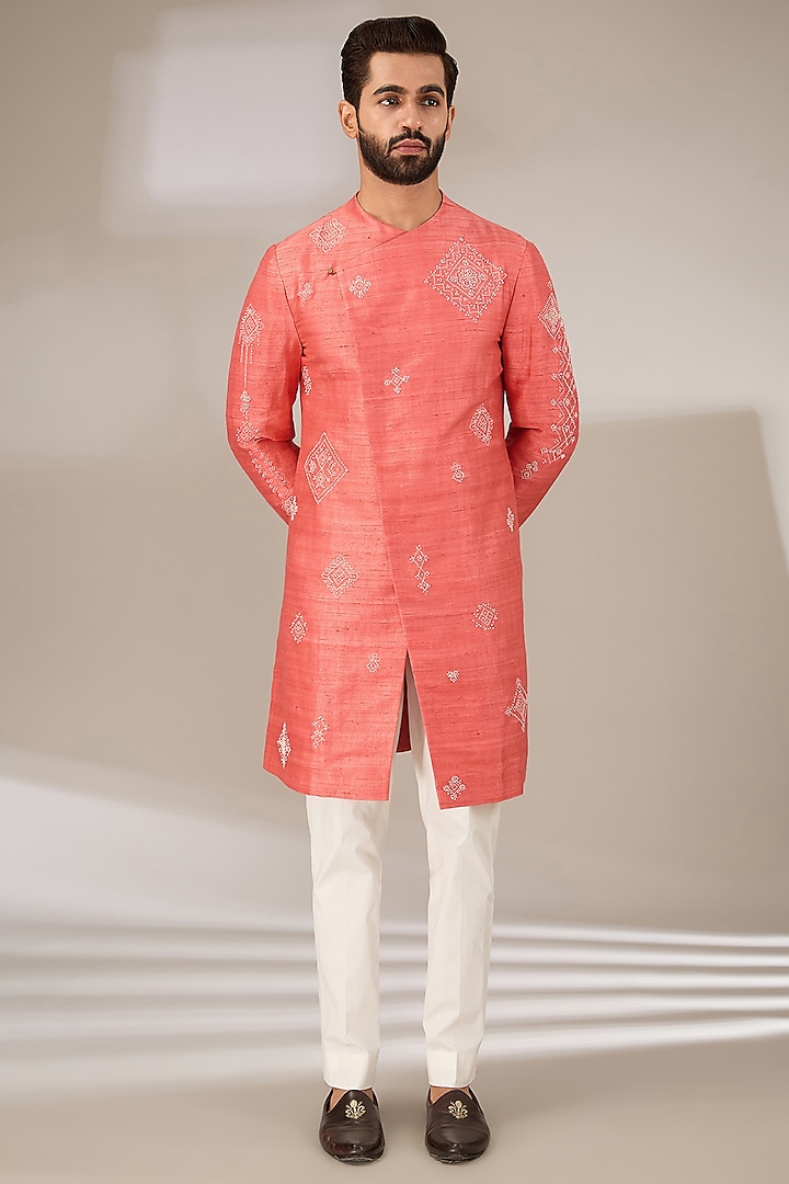 Dark Peach Raw Silk & Stretch Cotton Embroidered Overlap Kurta Set by Divyam Mehta Men