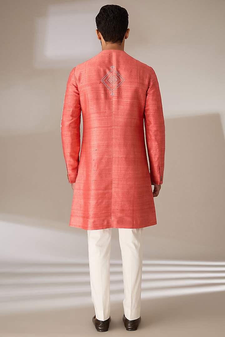 Dark Peach Raw Silk & Stretch Cotton Embroidered Overlap Kurta Set by Divyam Mehta Men at Pernia's Pop Up Shop