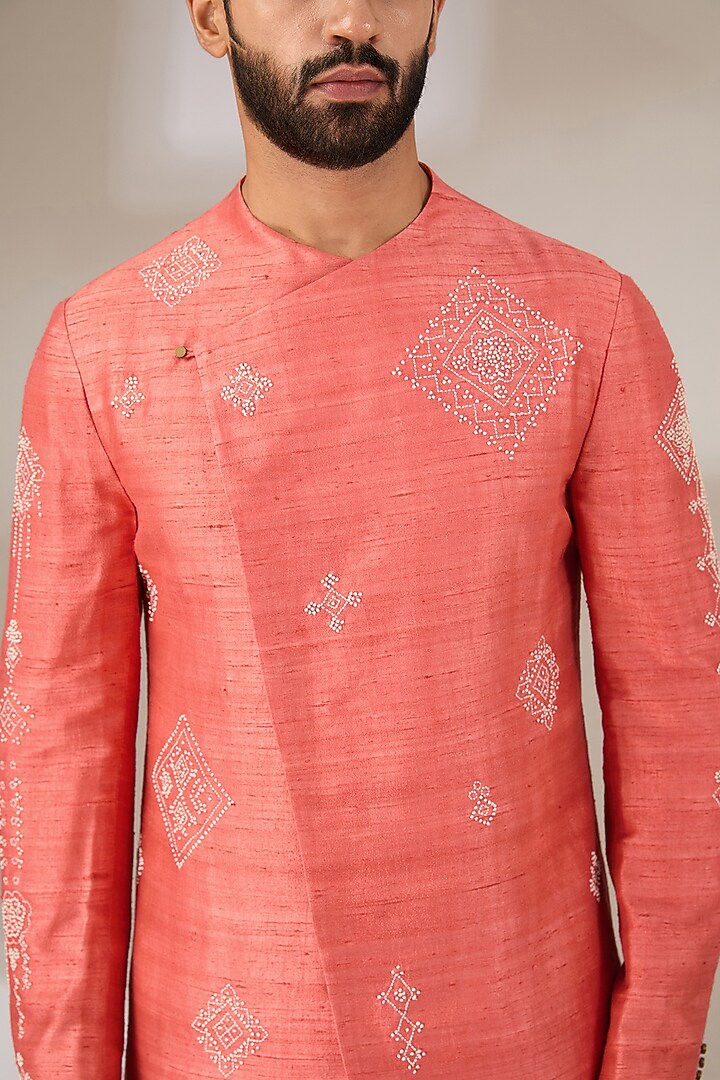 Dark Peach Raw Silk & Stretch Cotton Embroidered Overlap Kurta Set by Divyam Mehta Men at Pernia's Pop Up Shop