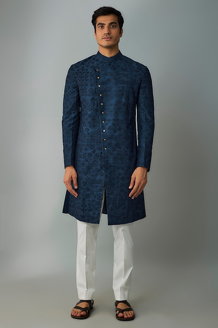 Dark Indigo Raw Silk & Stretch Cotton Overlap Kurta Set by Divyam Mehta Men at Pernia's Pop Up Shop