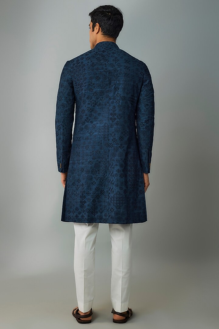 Dark Indigo Raw Silk & Stretch Cotton Overlap Kurta Set by Divyam Mehta Men at Pernia's Pop Up Shop