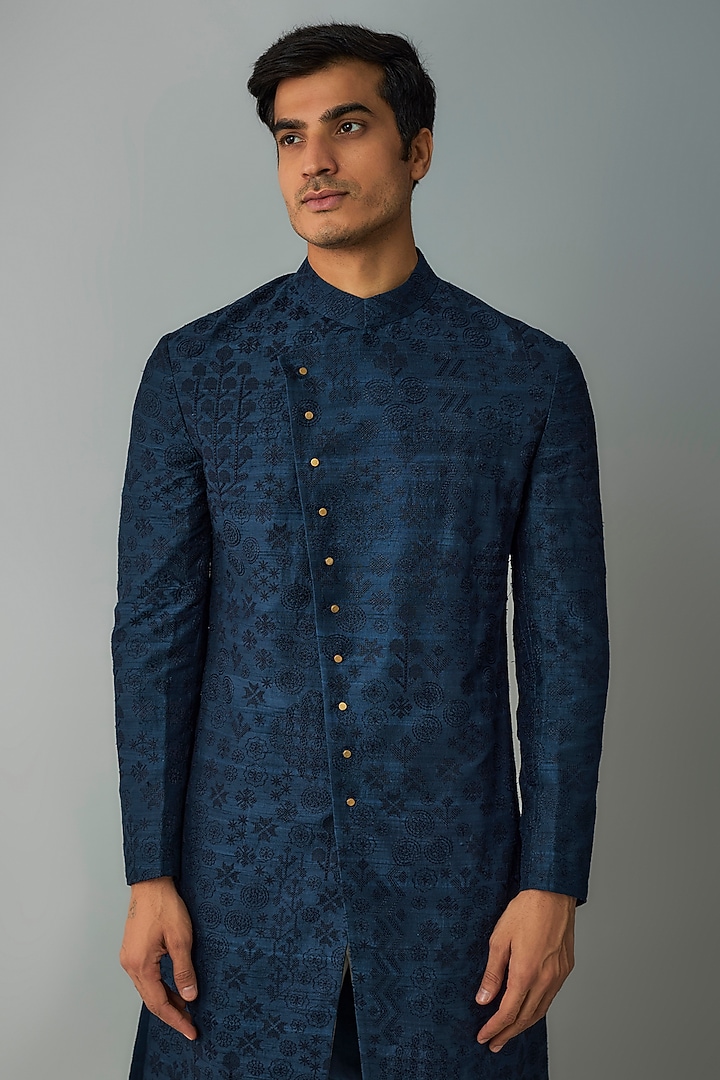Dark Indigo Raw Silk & Stretch Cotton Overlap Kurta Set by Divyam Mehta Men at Pernia's Pop Up Shop
