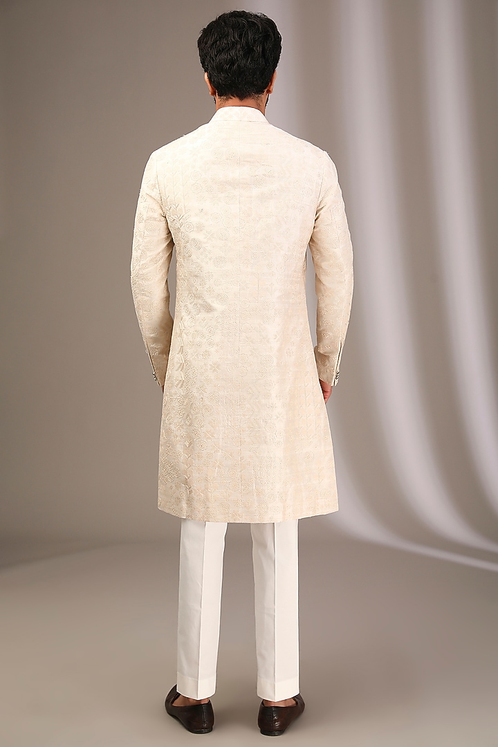 Ivory Raw Silk & Stretch Cotton Overlap Kurta Set by Divyam Mehta Men at Pernia's Pop Up Shop