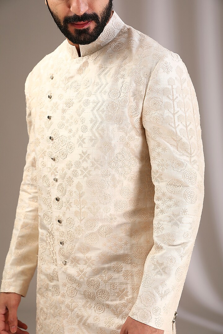 Ivory Raw Silk & Stretch Cotton Overlap Kurta Set by Divyam Mehta Men at Pernia's Pop Up Shop