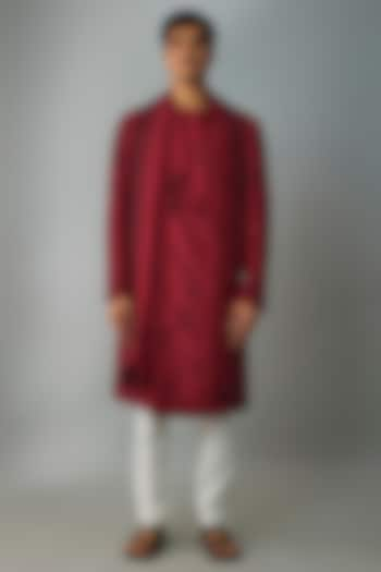 Red Raw Silk & Stretch Cotton Overlap Kurta Set by Divyam Mehta Men