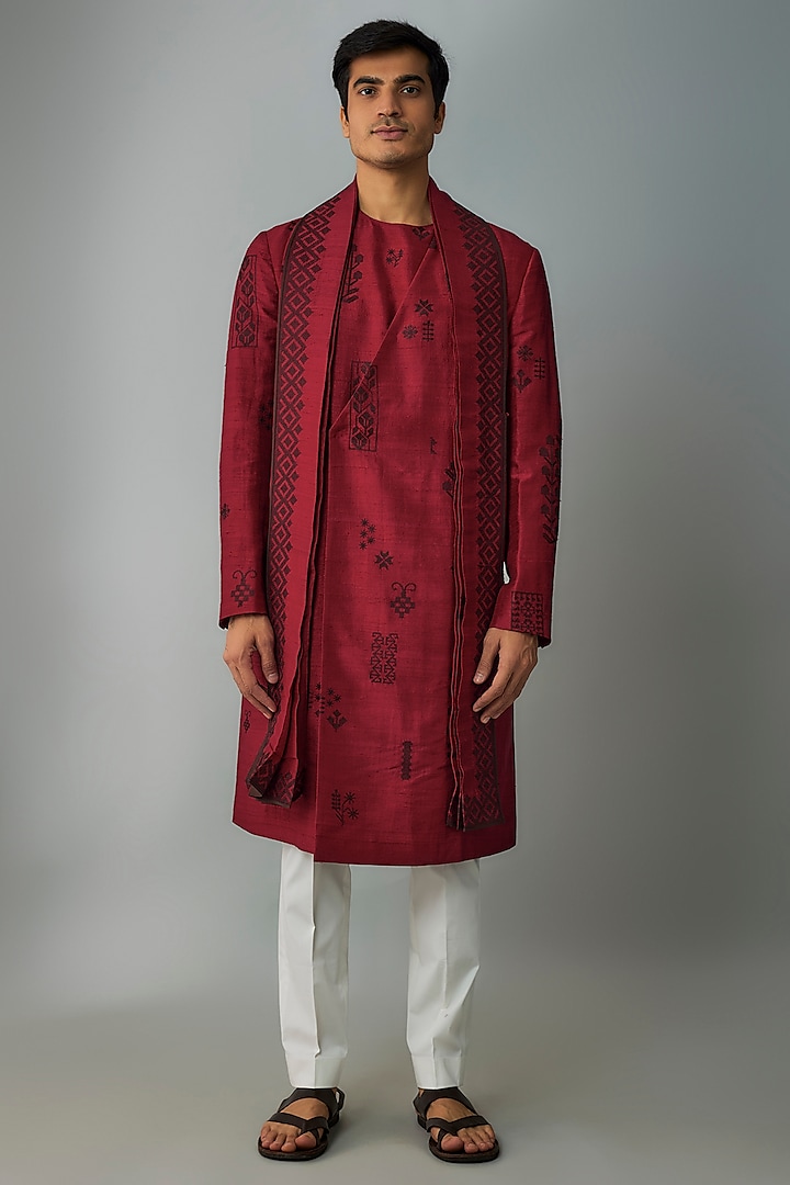 Red Raw Silk & Stretch Cotton Overlap Kurta Set by Divyam Mehta Men