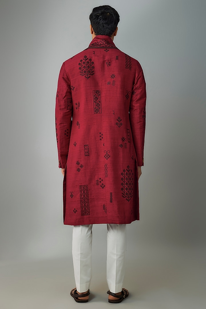 Red Raw Silk & Stretch Cotton Overlap Kurta Set by Divyam Mehta Men at Pernia's Pop Up Shop