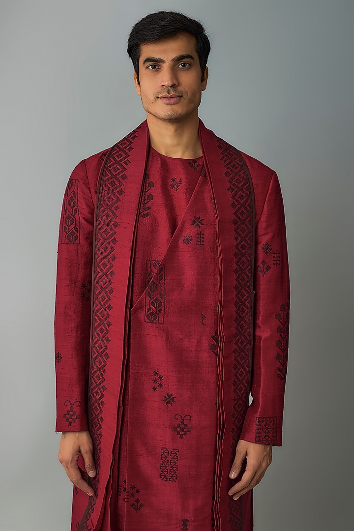 Red Raw Silk & Stretch Cotton Overlap Kurta Set by Divyam Mehta Men at Pernia's Pop Up Shop