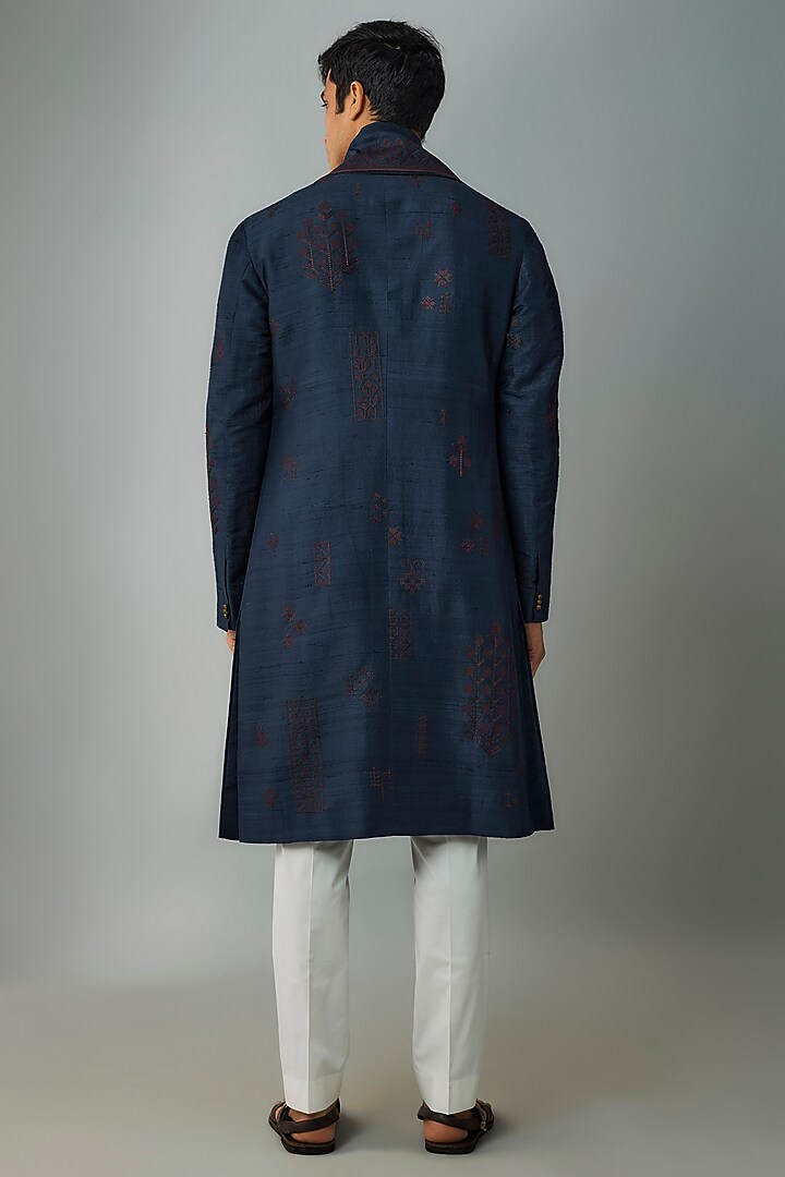 Space Blue Raw Silk & Stretch Cotton Overlap Kurta Set by Divyam Mehta Men at Pernia's Pop Up Shop
