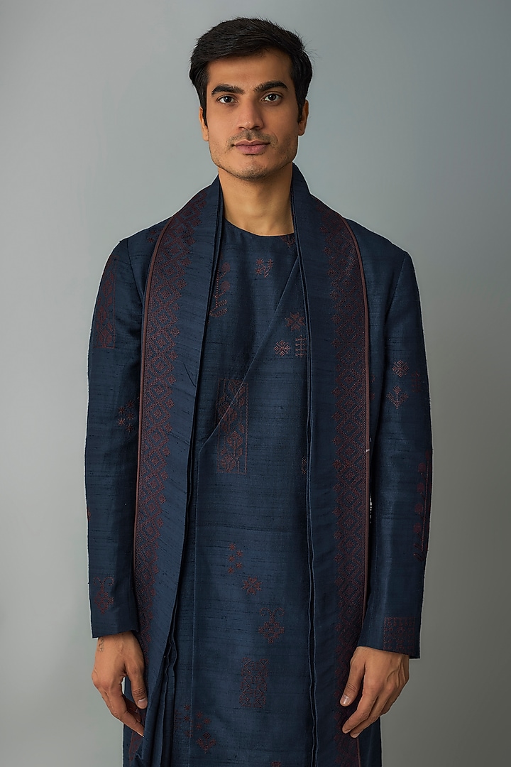 Space Blue Raw Silk & Stretch Cotton Overlap Kurta Set by Divyam Mehta Men at Pernia's Pop Up Shop