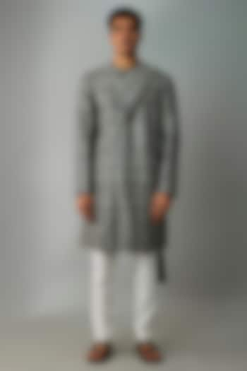 Grey Raw Silk & Stretch Cotton Draped Kurta Set by Divyam Mehta Men