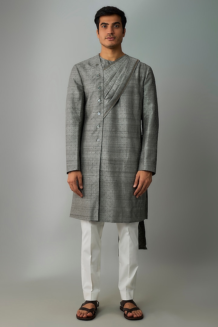 Grey Raw Silk & Stretch Cotton Draped Kurta Set by Divyam Mehta Men