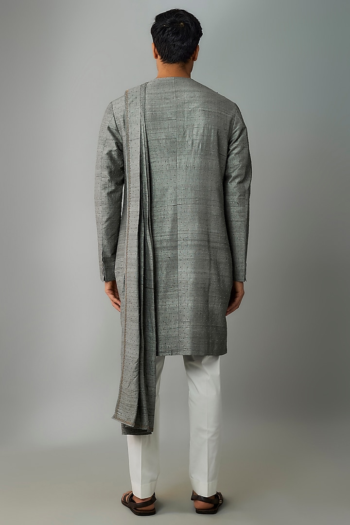 Grey Raw Silk & Stretch Cotton Draped Kurta Set by Divyam Mehta Men at Pernia's Pop Up Shop