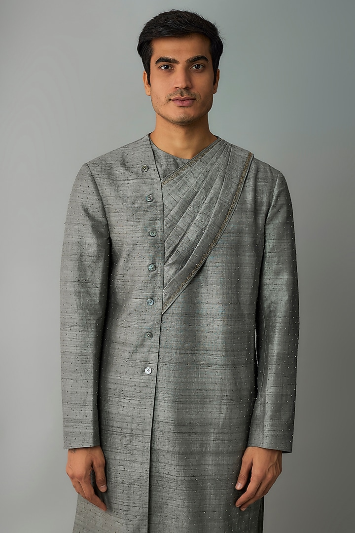 Grey Raw Silk & Stretch Cotton Draped Kurta Set by Divyam Mehta Men at Pernia's Pop Up Shop