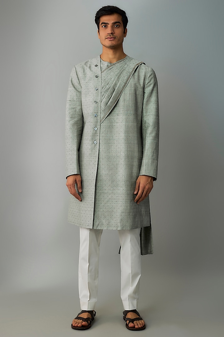 Blue Soda Raw Silk & Stretch Cotton Draped Kurta Set by Divyam Mehta Men