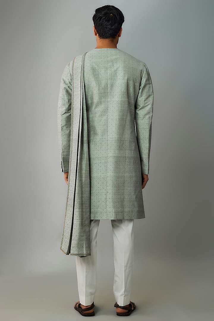 Blue Soda Raw Silk & Stretch Cotton Draped Kurta Set by Divyam Mehta Men at Pernia's Pop Up Shop