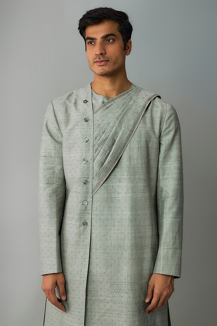 Blue Soda Raw Silk & Stretch Cotton Draped Kurta Set by Divyam Mehta Men at Pernia's Pop Up Shop