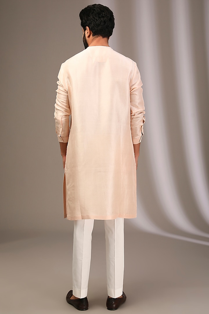 Oyster Pink Raw Silk Embroidered Bundi Jacket Set by Divyam Mehta Men at Pernia's Pop Up Shop