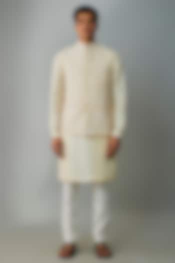 Ivory Raw Silk Embroidered Bundi Jacket Set by Divyam Mehta Men at Pernia's Pop Up Shop