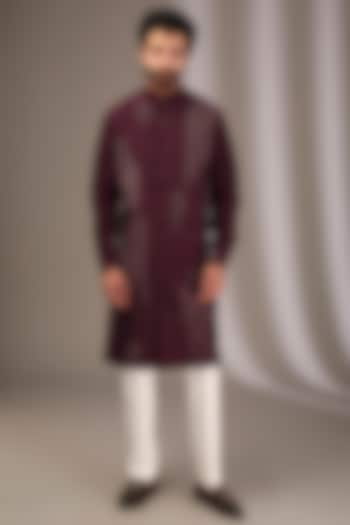 Falsa Wine Raw Silk Kurta Set by Divyam Mehta Men