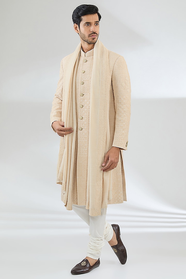 Ivory Raw Silk Sherwani Set by Divyam Mehta Men