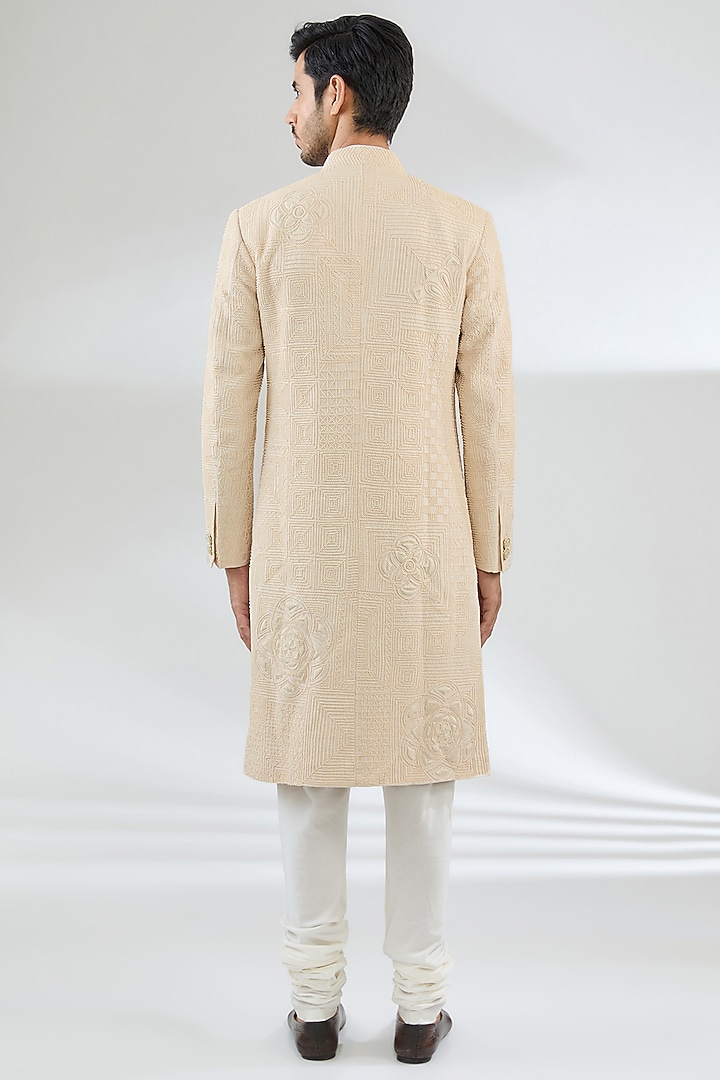 Ivory Raw Silk Groom Sherwani Set by Divyam Mehta Men at Pernia's Pop Up Shop