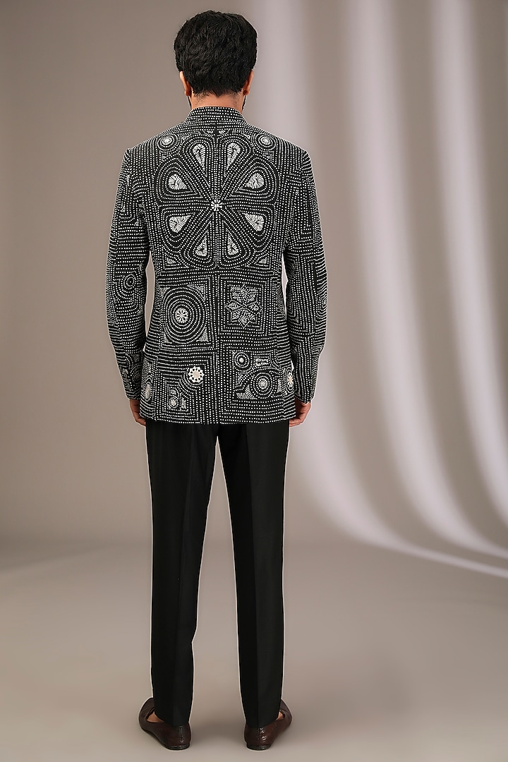 Black Raw Silk Hand Embroidered Groom Bandhgala Set by Divyam Mehta Men at Pernia's Pop Up Shop
