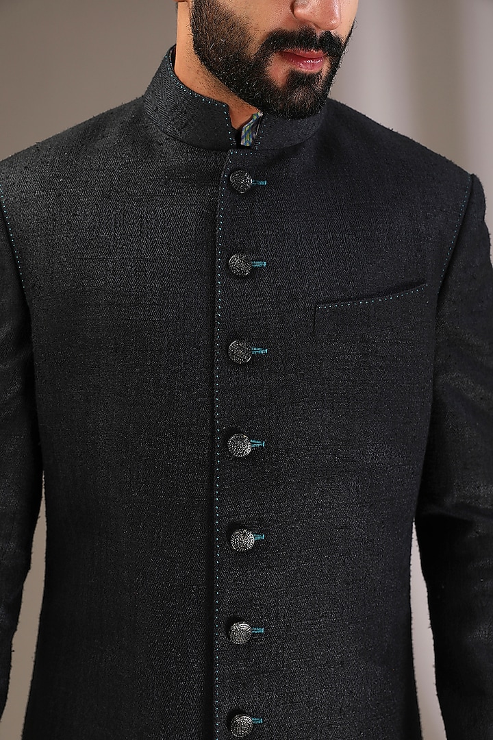 Black Raw Silk Wedding Sherwani Set by Divyam Mehta Men at Pernia's Pop Up Shop