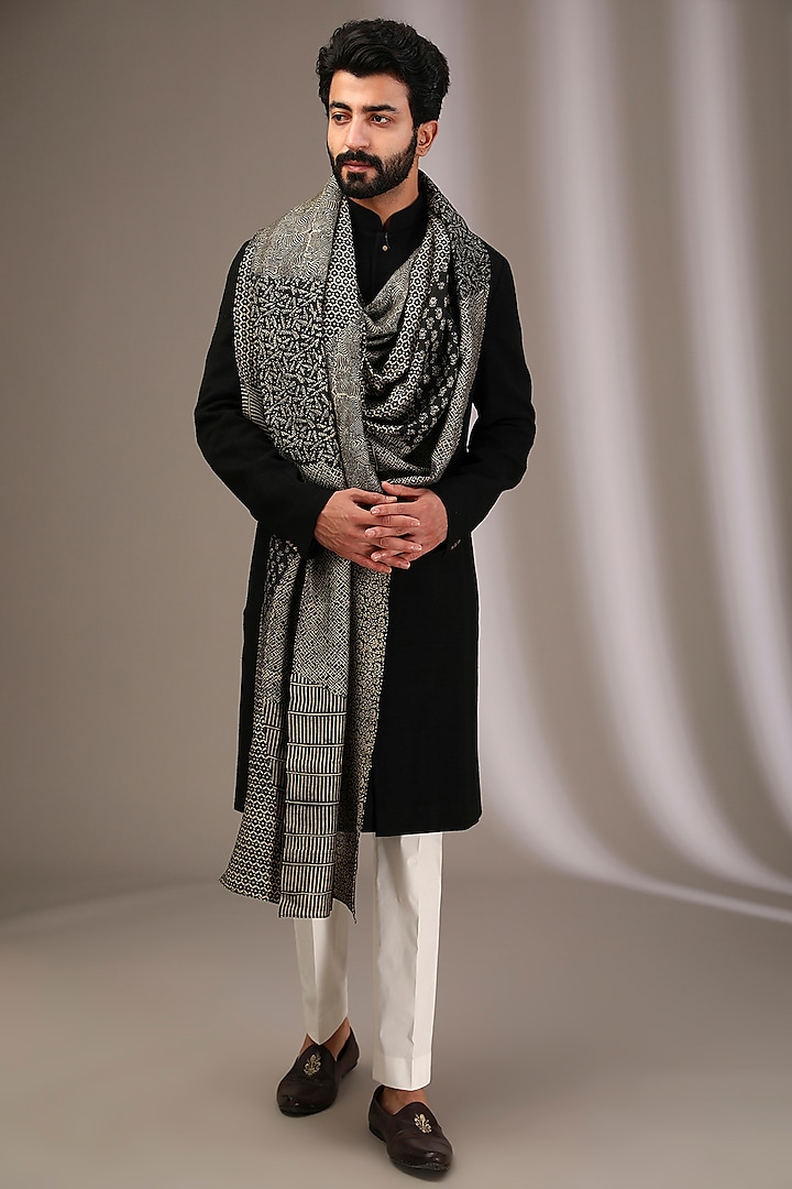 Black Raw Silk Kurta Set by Divyam Mehta Men