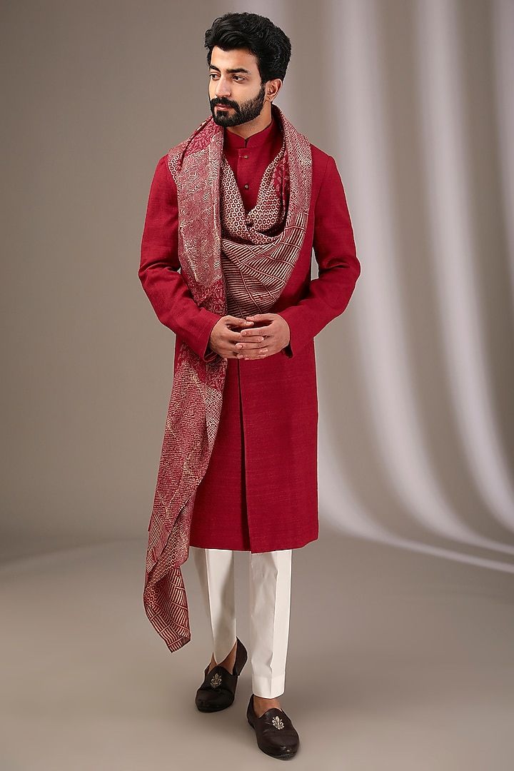 Red Raw Silk Kurta Set by Divyam Mehta Men