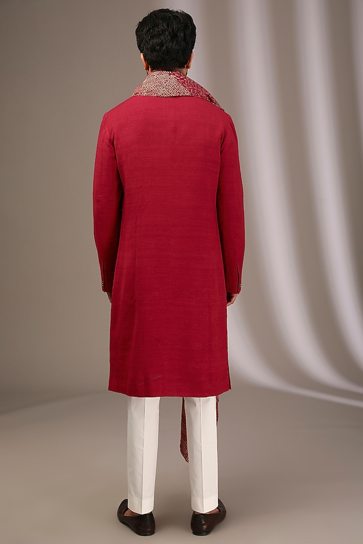 Red Raw Silk Kurta Set by Divyam Mehta Men at Pernia's Pop Up Shop
