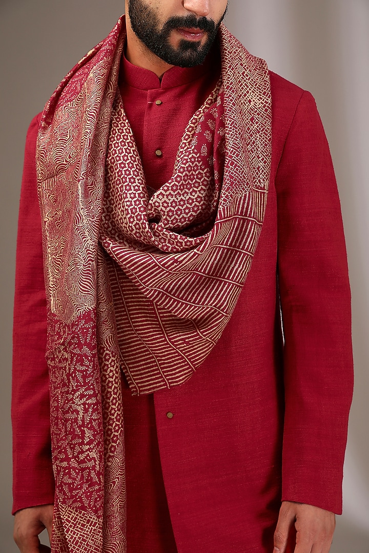 Red Raw Silk Kurta Set by Divyam Mehta Men at Pernia's Pop Up Shop