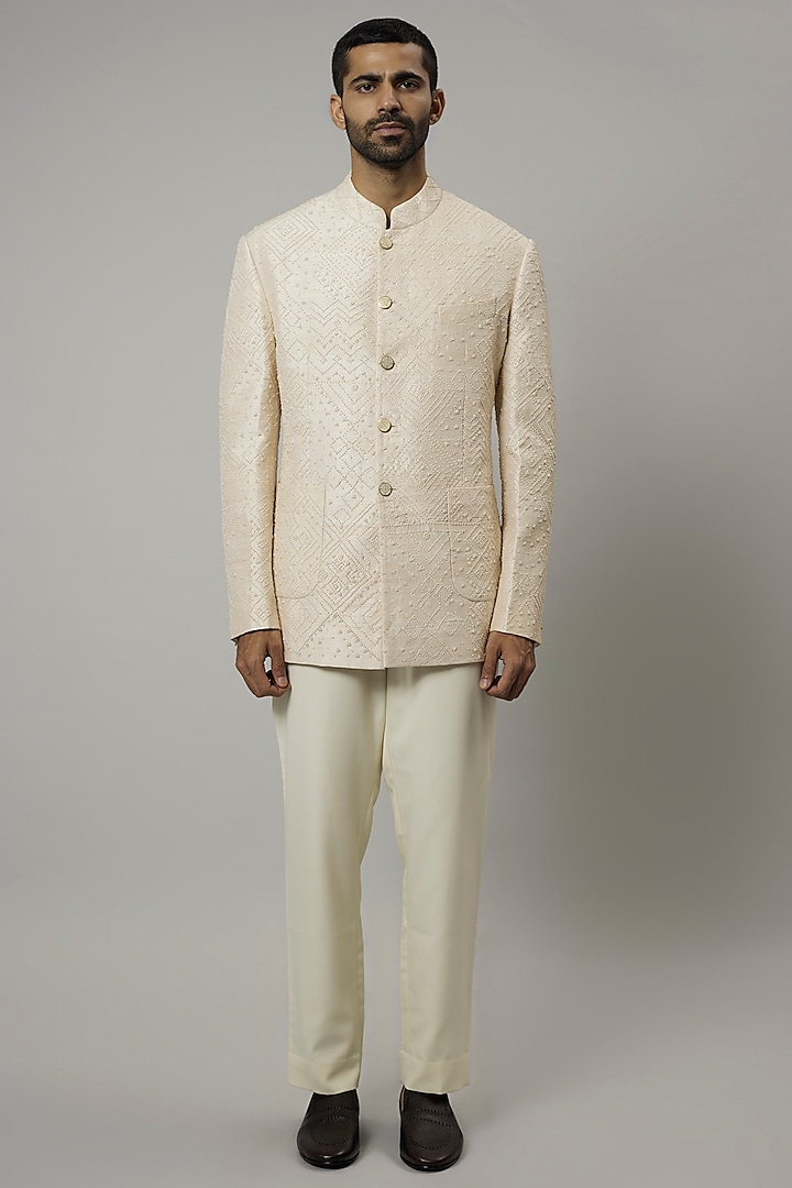 Ivory Raw Silk & Blended Wool Bandhgala  by Divyam Mehta Men