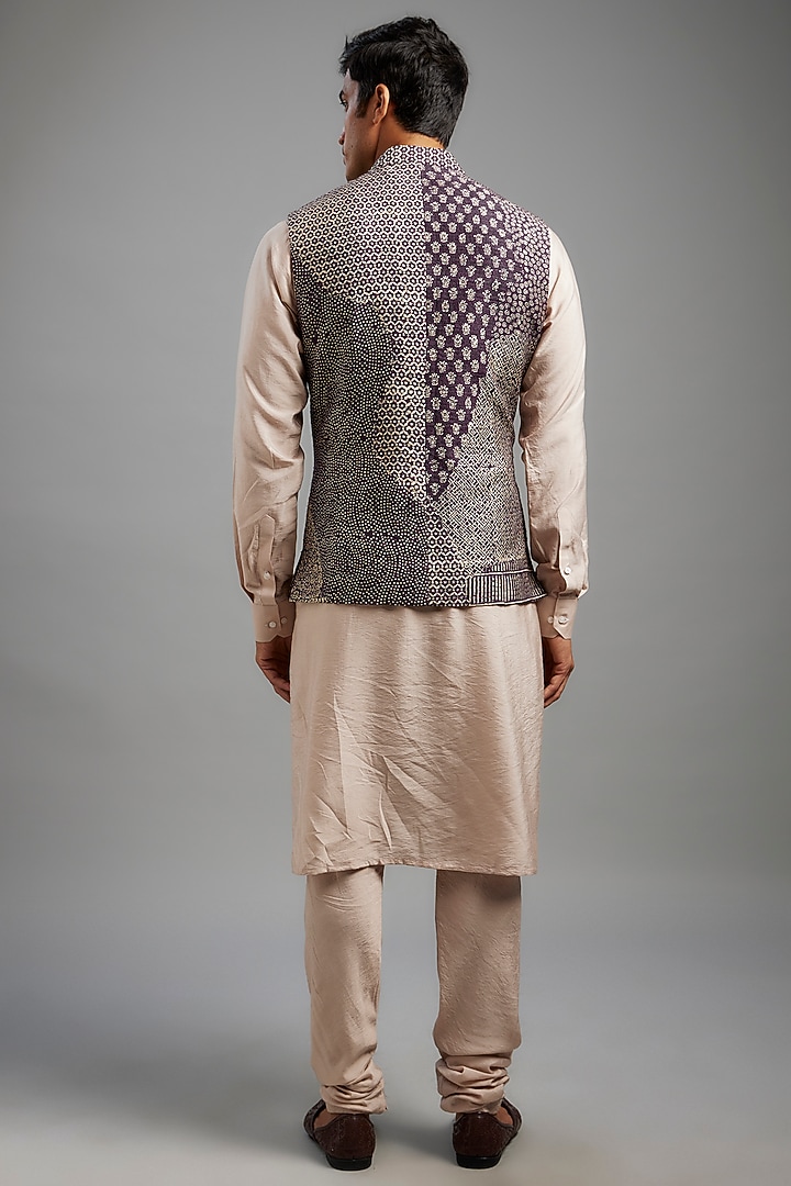 Violet Raw Silk Printed Bundi Jacket by Divyam Mehta Men at Pernia's Pop Up Shop