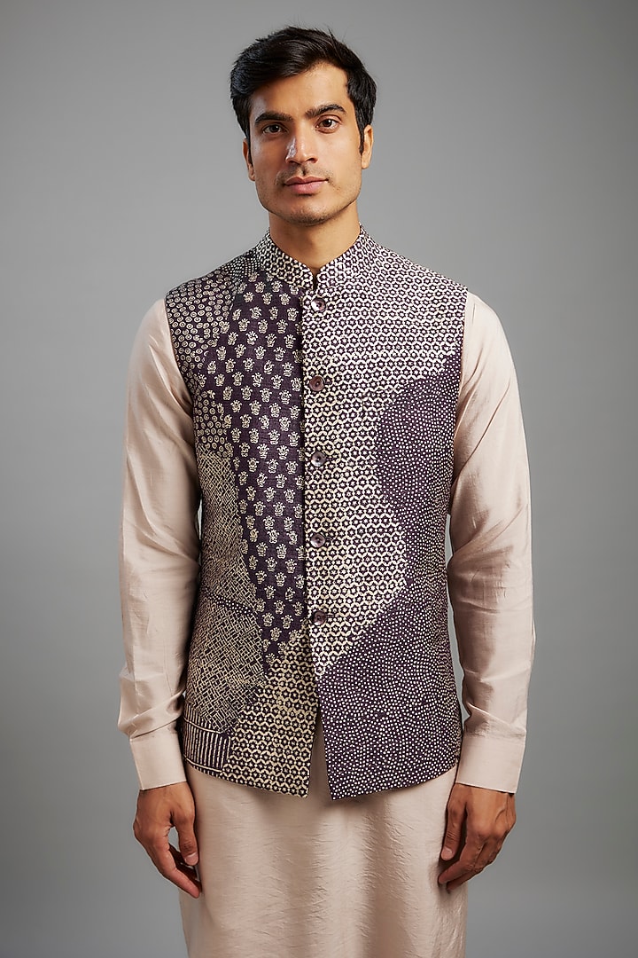 Violet Raw Silk Printed Bundi Jacket by Divyam Mehta Men at Pernia's Pop Up Shop