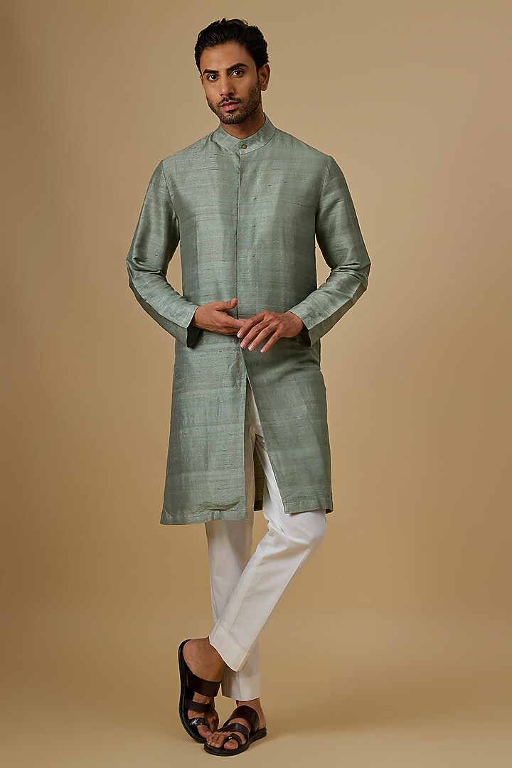 Pista Green Raw Silk & Katan Silk Kurta Set by Divyam Mehta Men at Pernia's Pop Up Shop