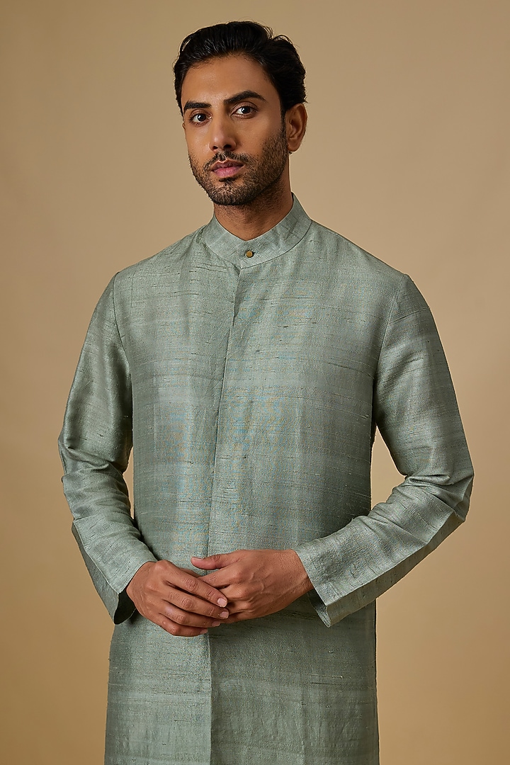 Pista Green Raw Silk & Katan Silk Kurta Set by Divyam Mehta Men at Pernia's Pop Up Shop