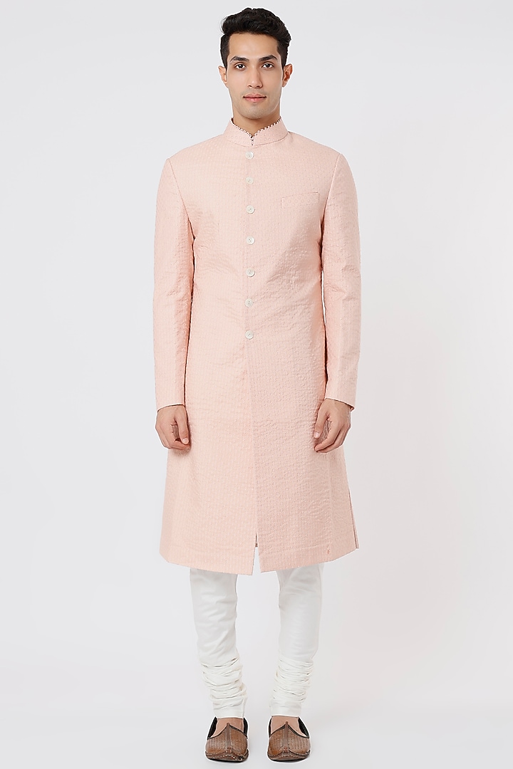 Oyster Pink Raw Silk Embroidered Achkan Jacket Set by Divyam Mehta Men at Pernia's Pop Up Shop
