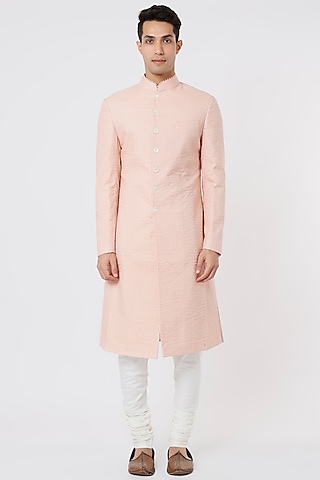 Oyster Pink Raw Silk Embroidered Achkan Jacket Set by Divyam Mehta Men