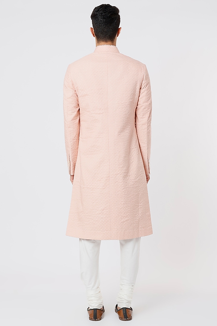Oyster Pink Raw Silk Embroidered Achkan Jacket Set by Divyam Mehta Men at Pernia's Pop Up Shop