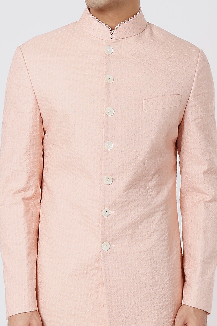 Oyster Pink Raw Silk Embroidered Achkan Jacket Set by Divyam Mehta Men at Pernia's Pop Up Shop