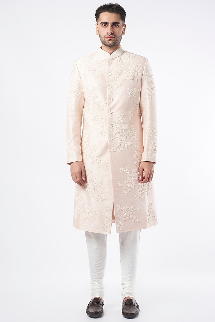 Oyster Pink Embroidered Achkan Set by Divyam Mehta Men