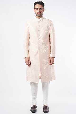 Oyster Pink Silk Embroidered Achkan Sherwani Set by Divyam Mehta Men